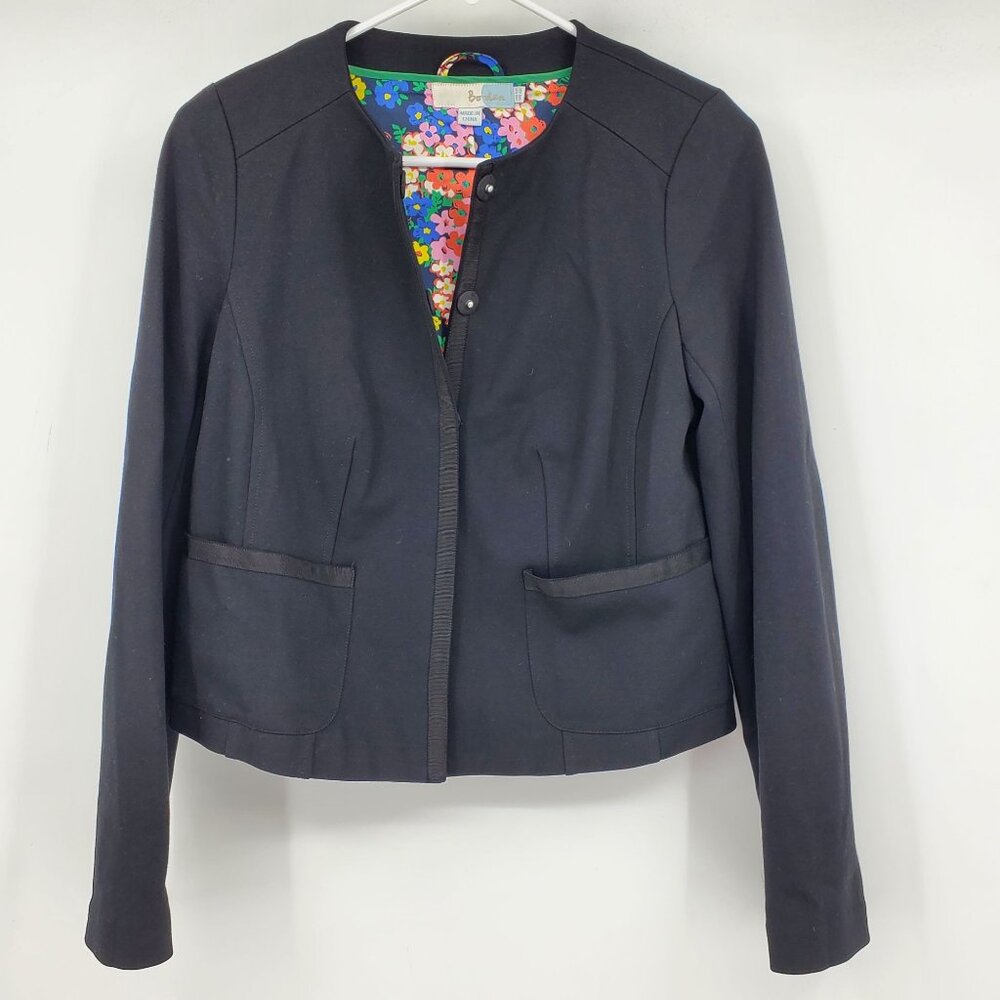 Boden Black Collarless Snap Up Ponte Knit Career Formal Blazer Jacket 4 R